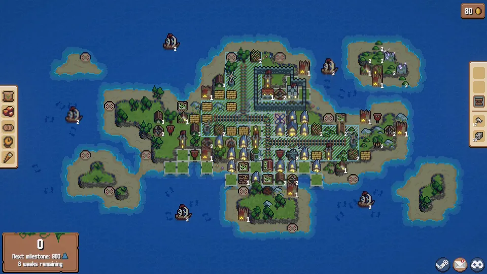 Combolands island network with buildings, ships, resources and open placement space