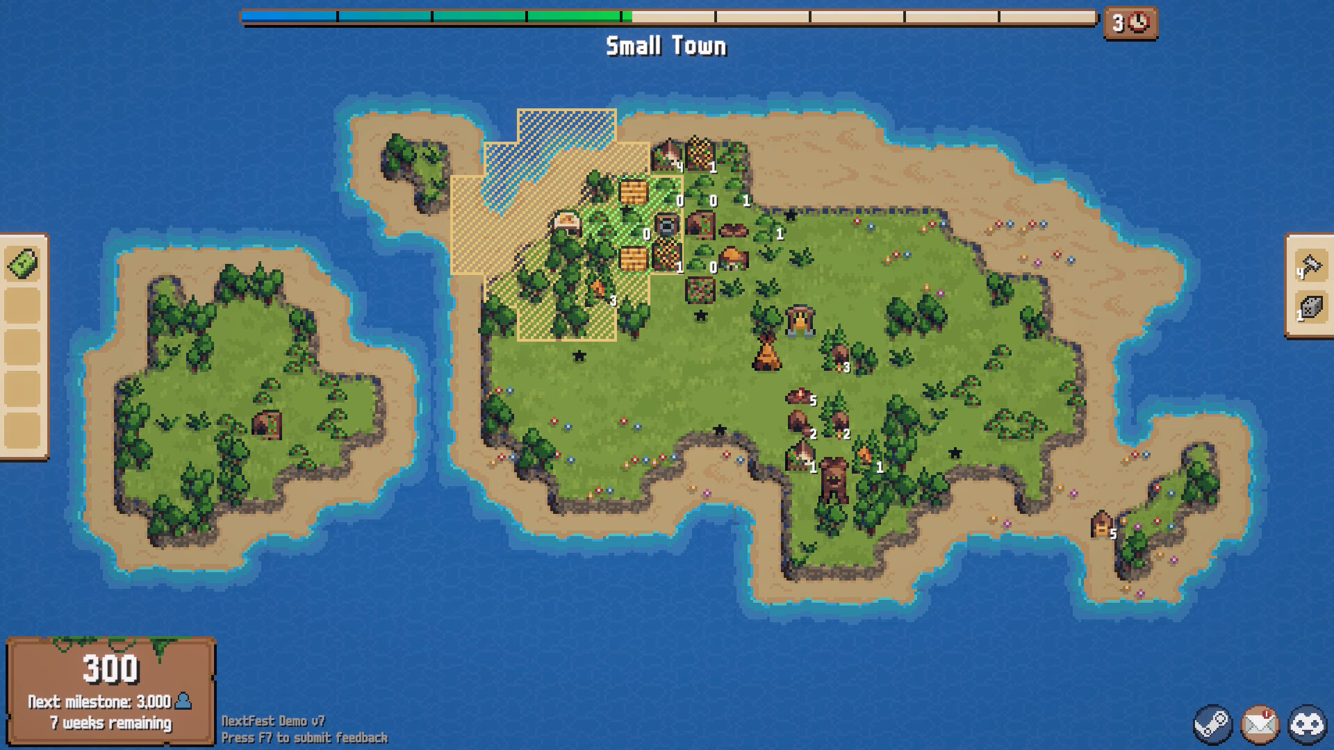 Combolands NextFest Demo v7 island city with a Small Town milestone