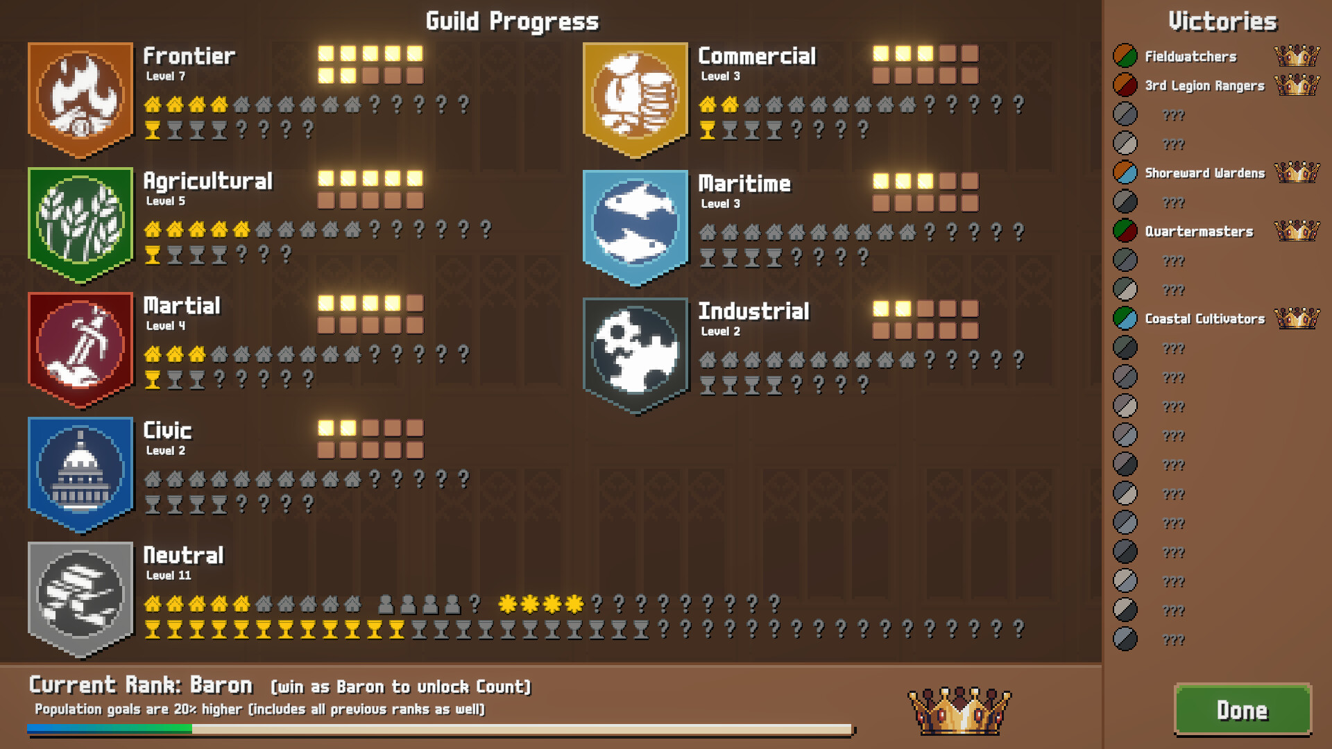 Guild Progress screen showing seven guilds, Baron rank and named victories