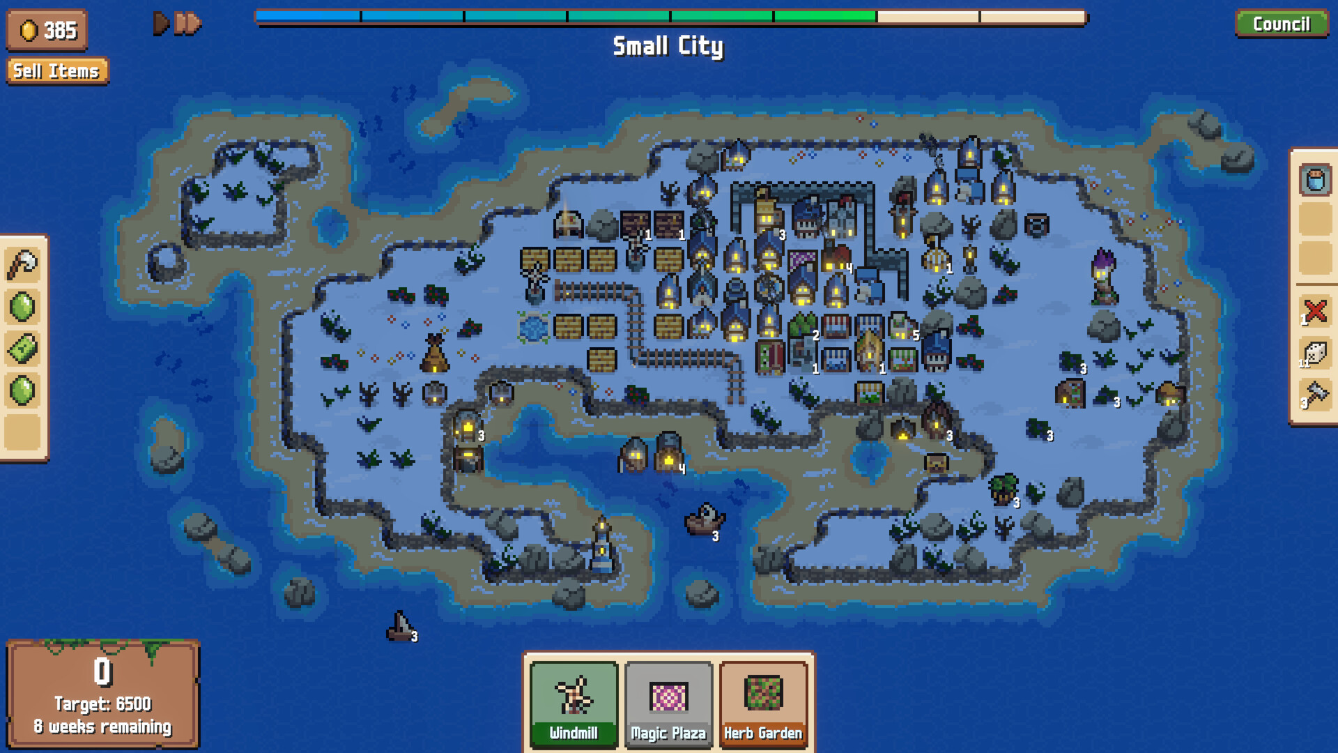 Small City screenshot showing 385 Gold, Council, target 6500, 8 weeks and three building cards